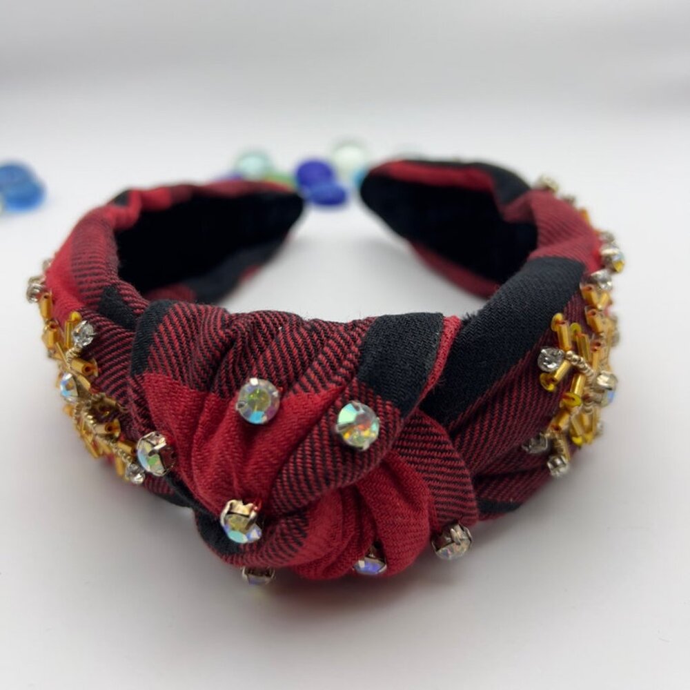 Handmade Knotted Jeweled Headband with Golden Beaded Snowflake